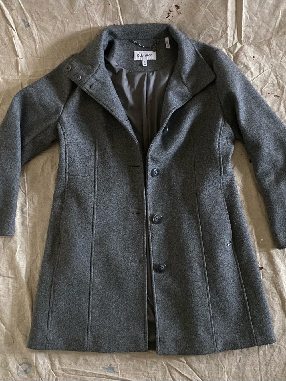 Calvin Klein Grey Wool Blend Funnel Neck Pea Coat